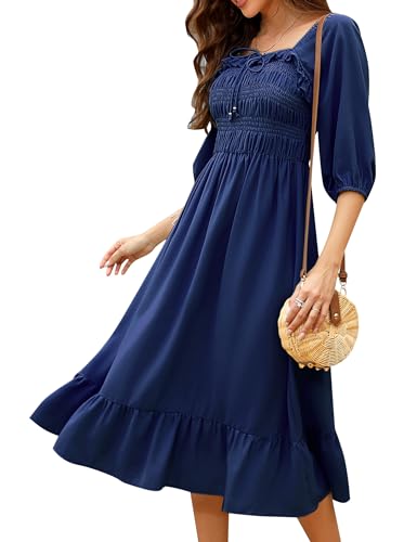 kojooin damen kleid lange casual sommerkleid 3/4 ärmel a-linie navy blau m