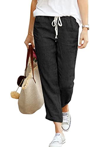 Leinenhose Damen 7/8 schwarz, luftige Sommerhose mit Taschen, casual Freizeitstoffhose