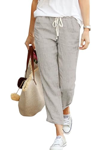 damen leinen hose sommerhose 7/8 casual luftig bequem mit taschen grau, m