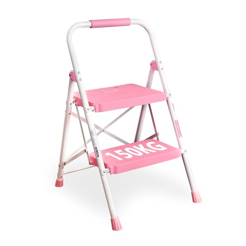 Produktbild: trittleiter bontec klappbar 2 stufen 150kg anti-rutsch pedale faltbarer stahl rosa
