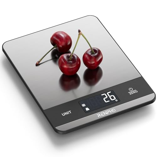 renpho küchenwaage digital 5kg, waage mit 7 einheiten, lcd-anzeige, genauigkeit 1g