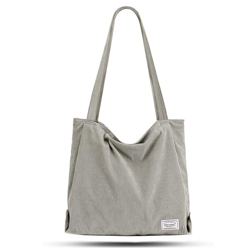 TAN.TOMI shopper tasche damen, große tote bag aus cord mit reißverschluss, grau