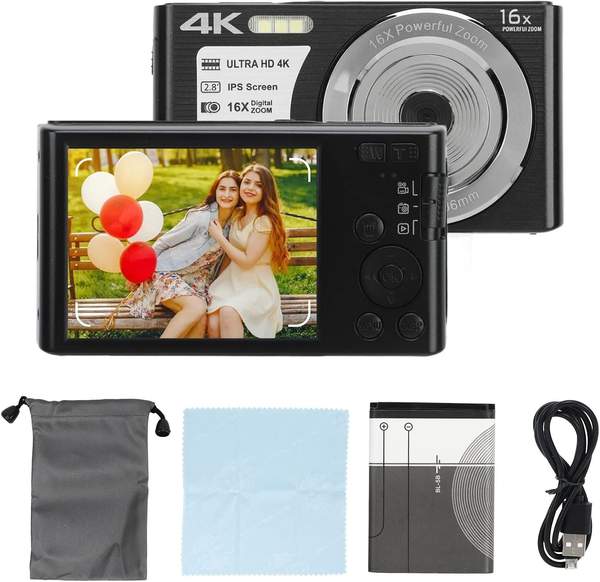 4K kinder-digitalkamera 48MP mit 16-fachem zoom, 2,8 zoll tragbare videokamera schwarz