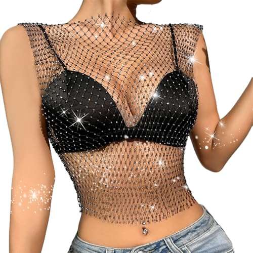 Produktbild: glitzer mesh oberteil damen, festliches rave top, netz oberteil für party kostüm