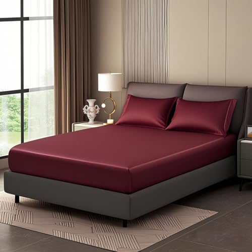 luowei satin spannbettlaken 160x200cm weinrot kühlend für boxspringbett bis 30cm