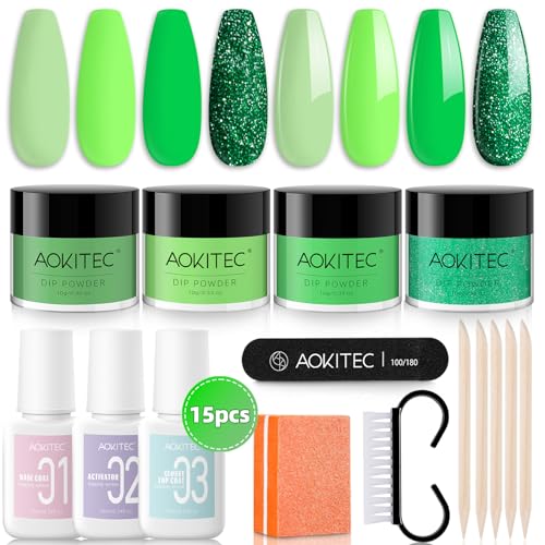 aokitec dipping powder nails set, 15 stück grün glitzer für french nails geschenk für frauen
