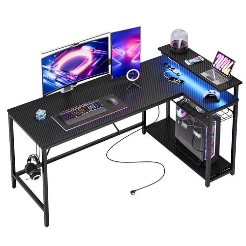 bestier gaming desk l form mit led lichtern, 2 usb, 3 steckdosen, tisch 147 cm