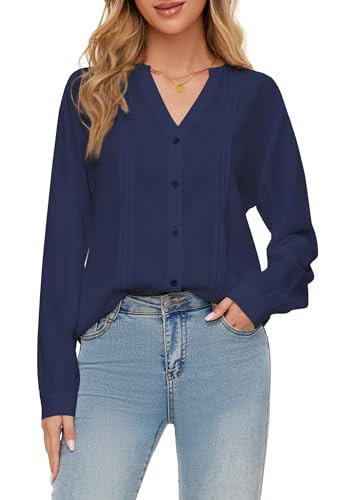 simiya damen bluse langarm v-ausschnitt einfarbig tunika hemd navy blau, l