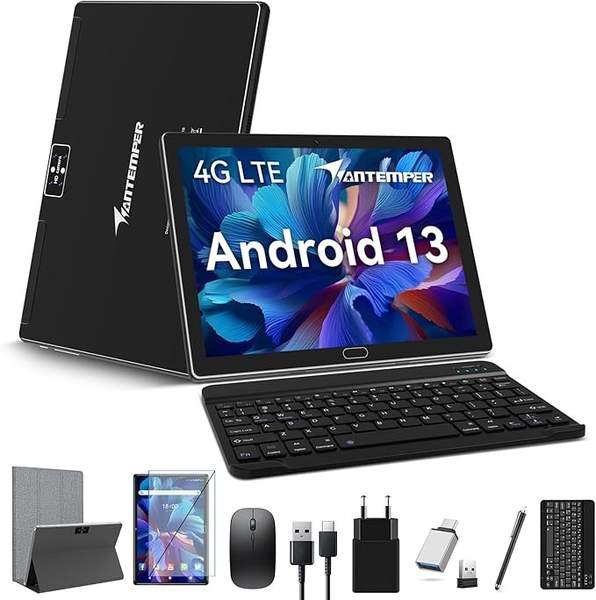 tablet 10 zoll 4g lte dual sim android 13 octa-core 4gb ram 64gb rom schwarz mit tastatur und stift