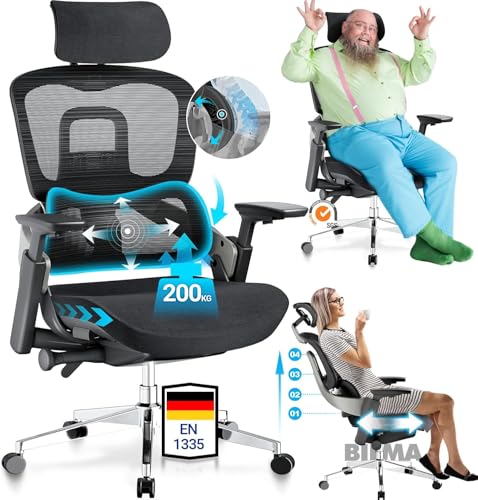 melookea bürostuhl 200kg ergonomisch mit lordosenstütze, 4d-armlehnen, schwarz