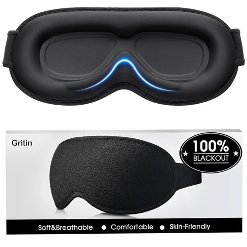 Gritin 3D Schlafmaske für Seitenschläfer, Upgrade Atmungsaktive Schlafbrille mit Verstellbar Gummiband, Lichtblockierend, Bequem & Ergonomisch Augenmaske für Männer und Frauen, 2 Paar Ohrstöpseln