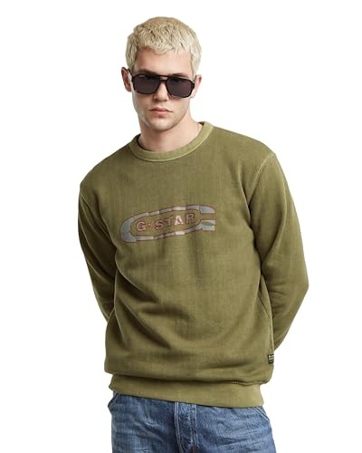 G-Star RAW Men's Washed Sweatshirt, Destroyed g Logo, Shadow Olive, S