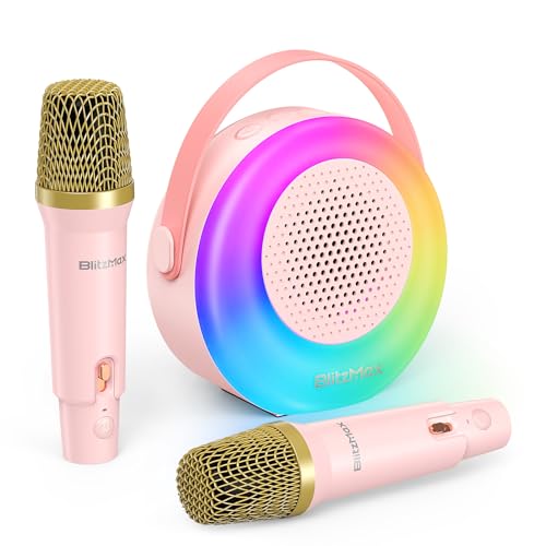 BlitzMax karaoke maschine kinder bluetooth tragbar mit 2 mikrofonen rosa