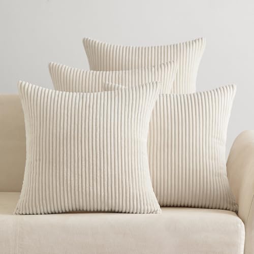 EMEMA 4er Set Kissenbezüge 50x50 cm Kordsamt Zierkissen Creme für Sofa Wohnzimmer
