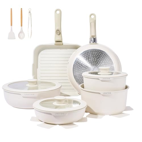 jeetee topfset und pfannenset 25-teilig, abnehmbare griffe, antihaft, beige