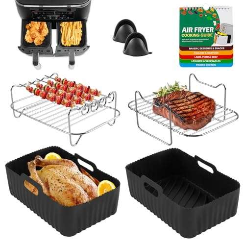 hot air fryer zubehör set 7 teilig für ninja foodi dual af400eu af300eu, silikon einlage, regal, kochbuch, handschuhe