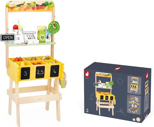janod kinder kaufladen farm market, rollenspiel mit 32 zubehörteilen, ab 3 jahren