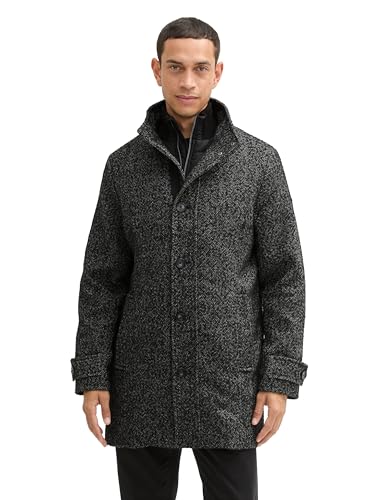 Herren wollmantel tom tailor mit knopfleiste herringbone 36082 black spotty XL