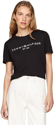 tommy hilfiger damen kurzarm shirt mit logo, schwarz, größe L