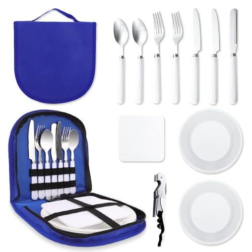 udbrud campingbesteck-set 11-teilig für 2 personen mit teller löffel messer blau