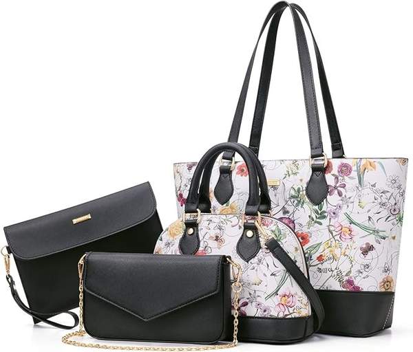 Bagsure Handtasche Damen Set 4-teilig Schultertasche Büro Schule Einkauf Reise Blumen