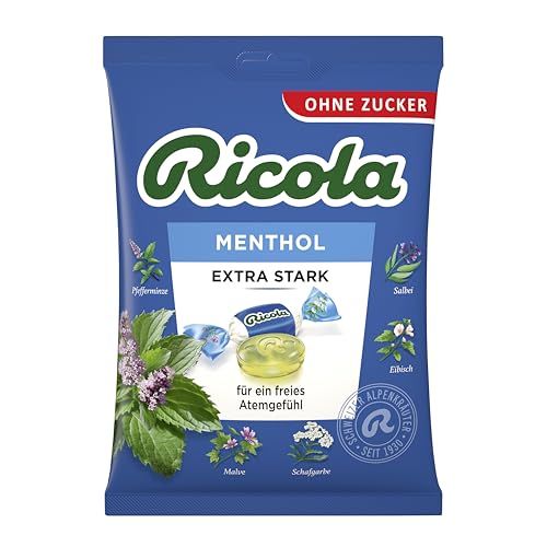 Ricola extra stark menthol Halsbonbon, zuckerfrei, vegan, 13 Kräuter, 75g Beutel