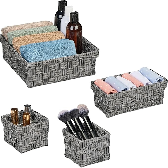 relaxdays aufbewahrungskorb 4er set, geflochtene körbe in grau für badezimmer