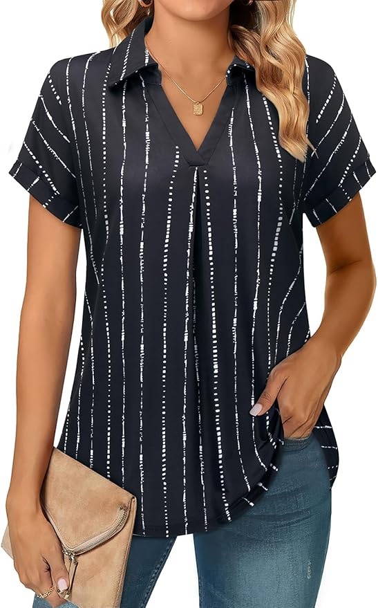 Produktbild: Siddhe Damen Tunika Schwarz Gestreift V-Ausschnitt Kurzarm Lässig Longshirt