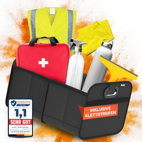 pouko kofferraum organizer schwarz, stabiler auto organizer mit klett, faltbare tasche