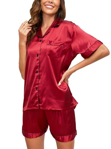 reliwel satin schlafanzug damen kurz pyjama set knopfleiste v-ausschnitt s-xxl