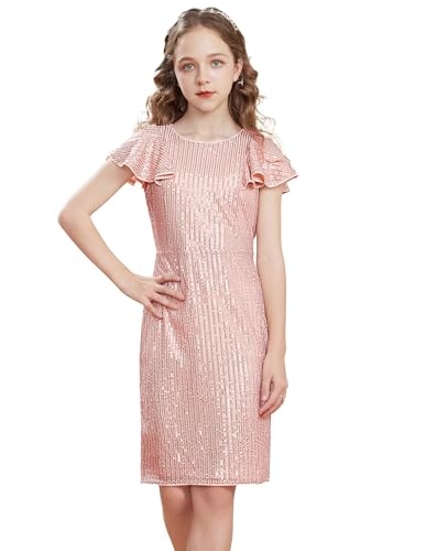 GRACE KARIN Mädchen Festkleid Rosa, Kurzarm Kommunionkleid für 10-12 Jahre, elegantes festliches Kleid