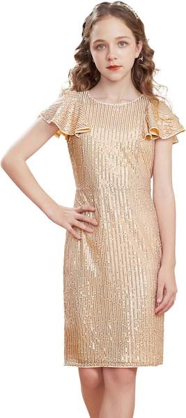 grace karin mädchen kleid kurzarm für einschulung und party 10-12 jahre gold