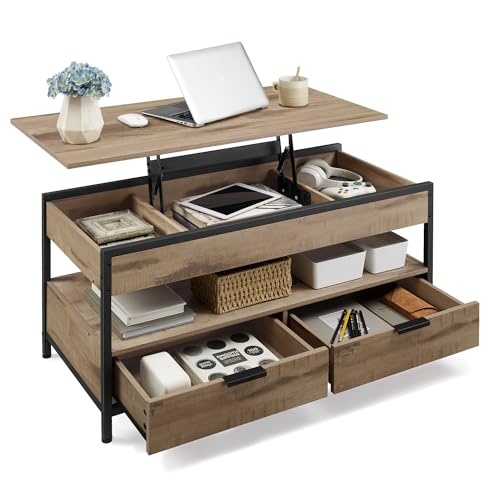 vasagle couchtisch höhenverstellbar mit schubladen und fach, 50 x 100 cm, kamelbraun-tintenschwarz
