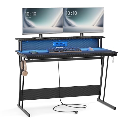 vasagle schreibtisch mit steckdosenleiste und monitorständer für 2 monitore 60 x 120 cm
