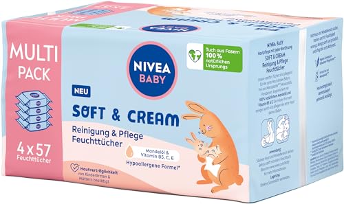 nivea baby feuchttücher für empfindliche babyhaut, hypoallergen mit mandelöl, 4 x 57 stück