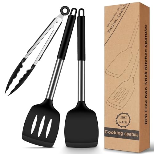 Silikon Pfannenwender Set, 2 Spatel + 1 Küchenzange, Hitzebeständig, BPA-frei