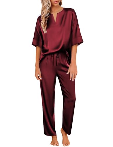 ekouaer schlafanzug damen satin pyjama set lang zweiteiler weinrot mit kordelzug, m
