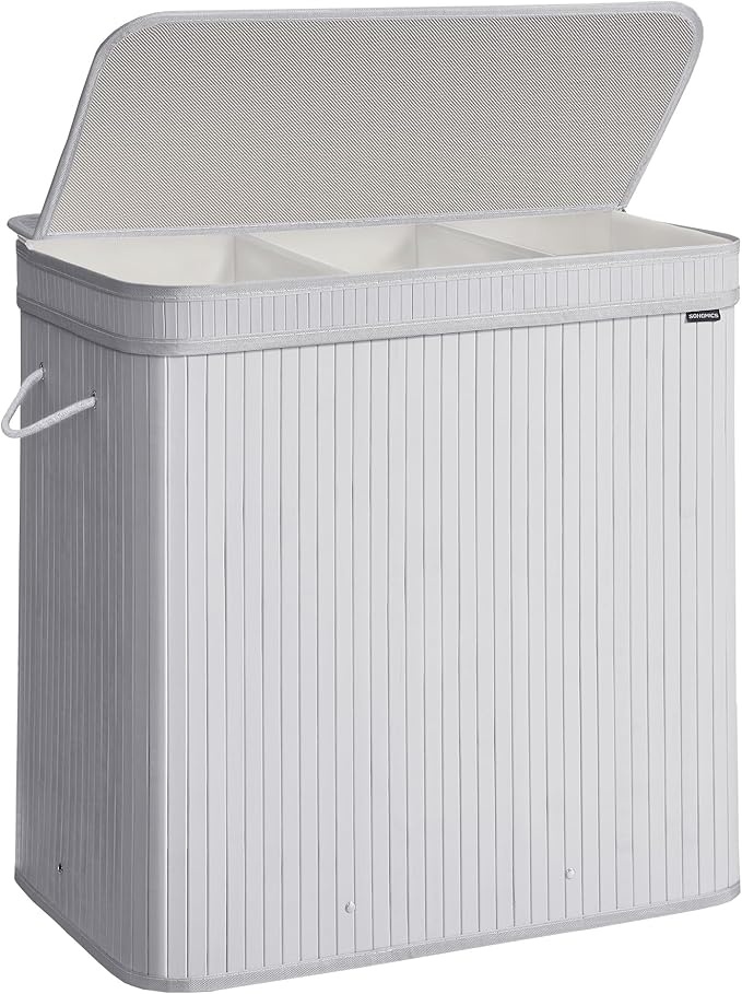 SONGMICS Wäschekorb 150L mit Deckel, herausnehmbarer Wäschesack, Bambus, taubengrau