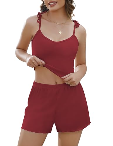 weardear damen schlafanzug set nachtwäsche zweiteilig schlafshorts dunkelrot m