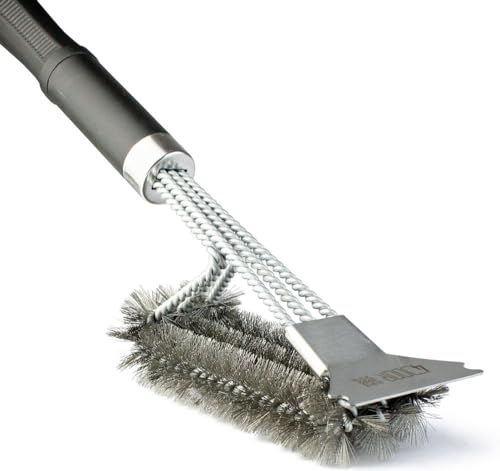 grillbürste mit schaber, reinigungskopf mit edelstahlborsten, ergonomischer griff