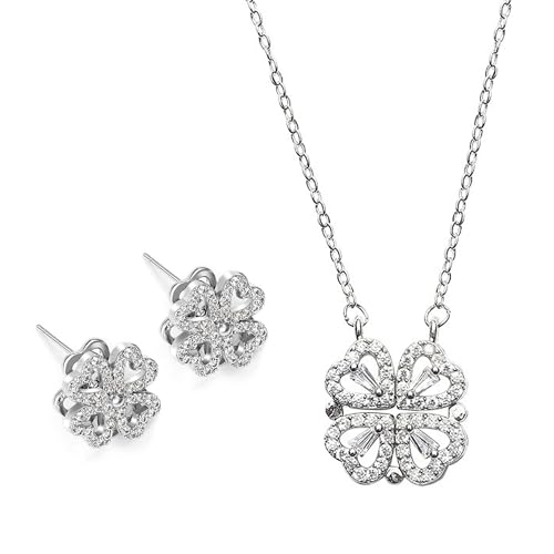 MeeQee Schmuckset vierblättriges kleeblatt Silber Ohrstecker Kette Zirkonia Halskette