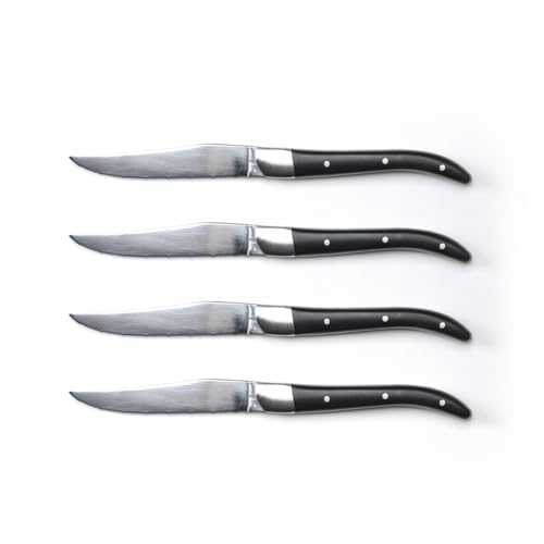 qdesign steakmesser 4er-set edelstahl 3cr14 gezahnte klinge ergonomische griffe spülmaschinenfest schwarz/silber