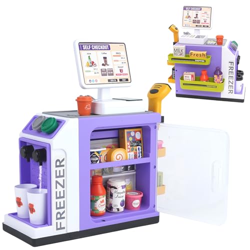 spielkasse kinder 46 teile mit scanner und spielgeld, violett, rollenspielzeug für 3-5 jahre