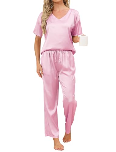 mchodare satin pyjama damen schlafanzug set kurzarm lange hose hausanzug