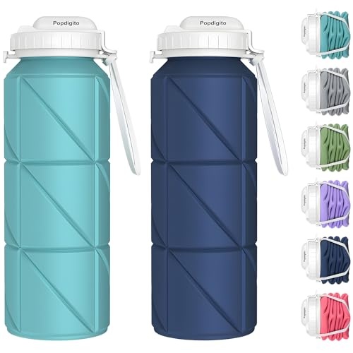 faltbare wasserflaschen 2er-pack von popdigito, auslaufsicher, silikon, 23oz, BPA-frei