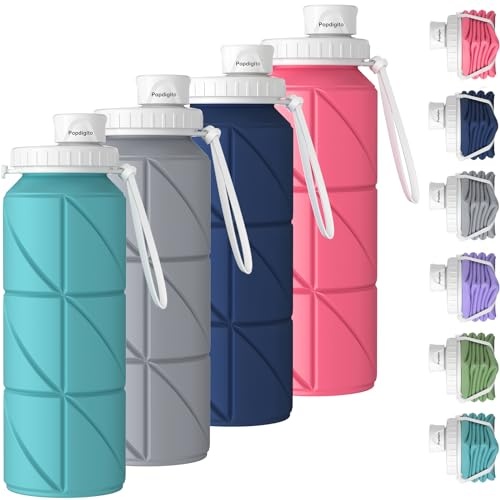 popdigito faltbare wasserflasche 4er-pack silikon auszugsicher BPA-frei 23oz für camping wandern sport