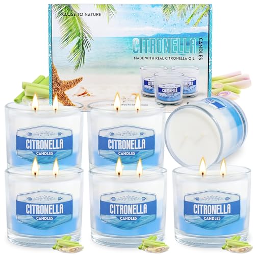 Yinuo Candle Citronella Gartenkerzen Set, 6 Stück, 575 g, 300 Stunden Brenndauer, Glasbehälter, ideal für Balkon und Camping