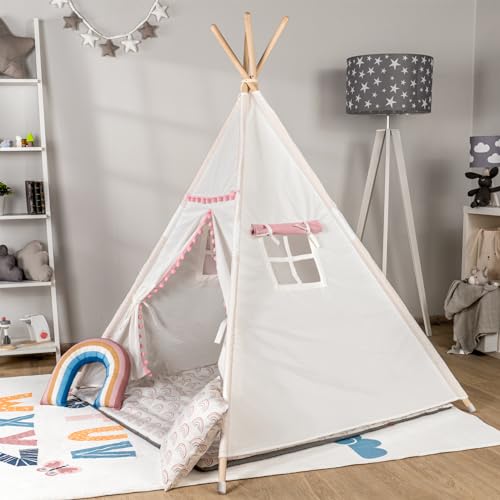 Paco Home Kinderzelt Tipi Zelt für Kinderzimmer Spielzimmer Innen Indoor Robust Stabil Wigwam versch. Muster, Farbe:Weiß 1, Sets:Mit Zubehör