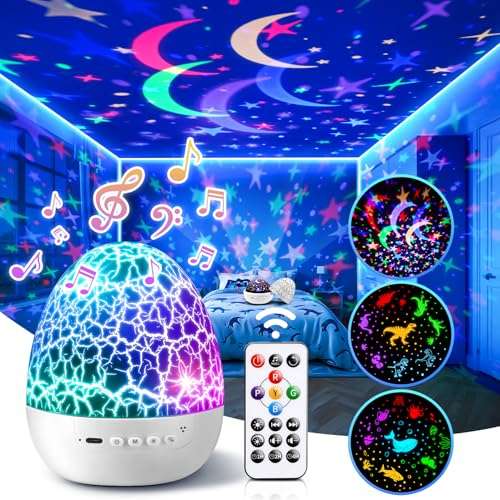 sternenhimmel projektor kinder mit 93 modi, 15 musikspieluhr, drehbar, fernbedienung - dino-ei