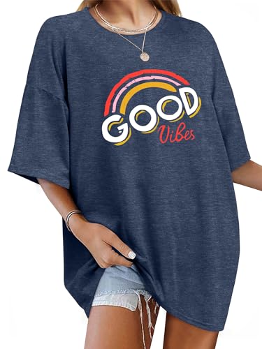 wieiym damen t-shirt good vibes regenbogen oversized kurzarm casual marine M